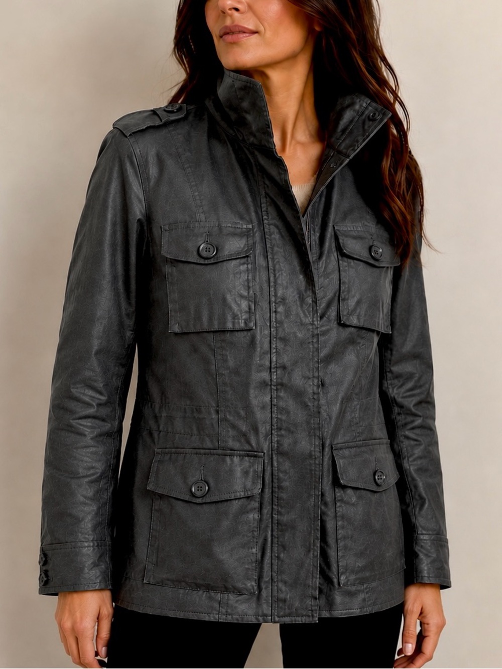 m0851 Waxed Cotton Utility Jacket Dark Gray Funnel Collar Size 4